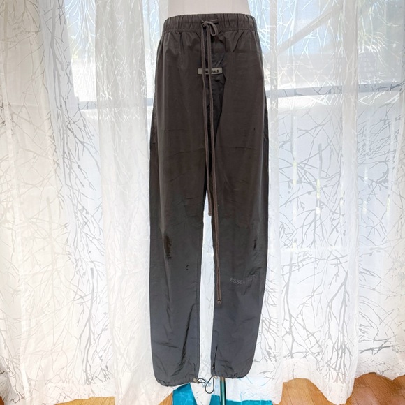 ESSENTIALS FEAR OF GOD DARK GRAY DISTRESSED DRAWSTRING WAIST NYLON TRACK PANTS